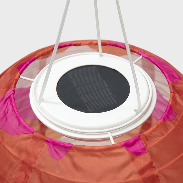 Solar-powered hanging lamp with vibrant shades, featuring solar cells and sleek design, ideal for outdoor lighting.