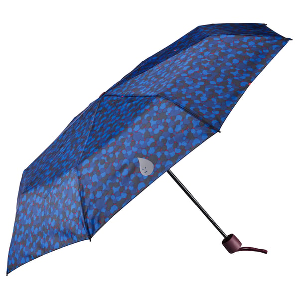 Blue umbrella with cloud pattern, steel frame, plastic handle. Recycled polyester fabric.