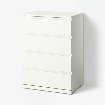 White STORKLINTA dresser with 4 smooth drawers, no handles. Great for bedroom storage.