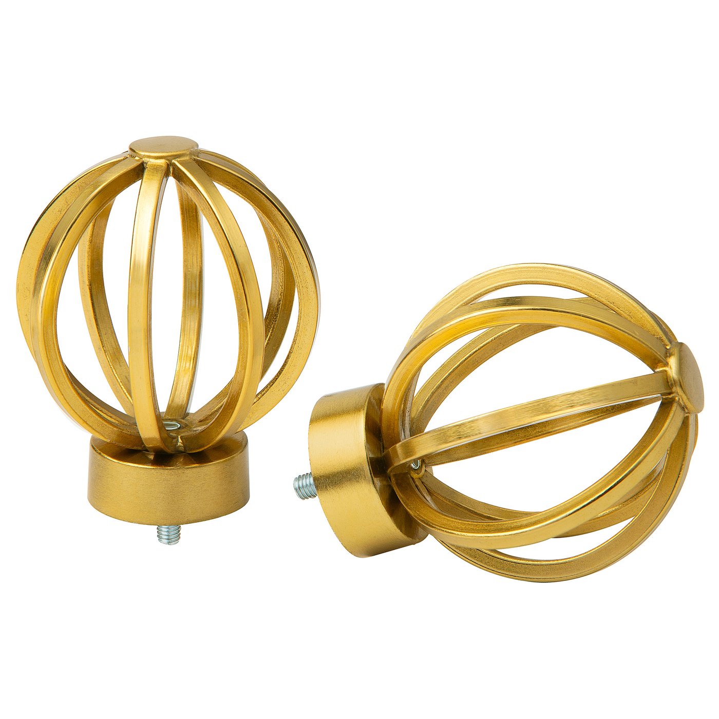 Two golden spherical curtain rod finials, one standard, one angled, with intricate, intertwined metal design.