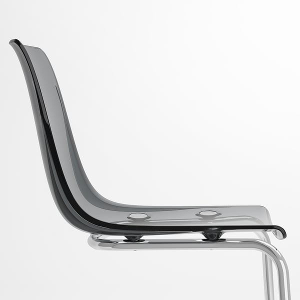 Modern clear chair, curved black seat, chrome legs, sleek design.
