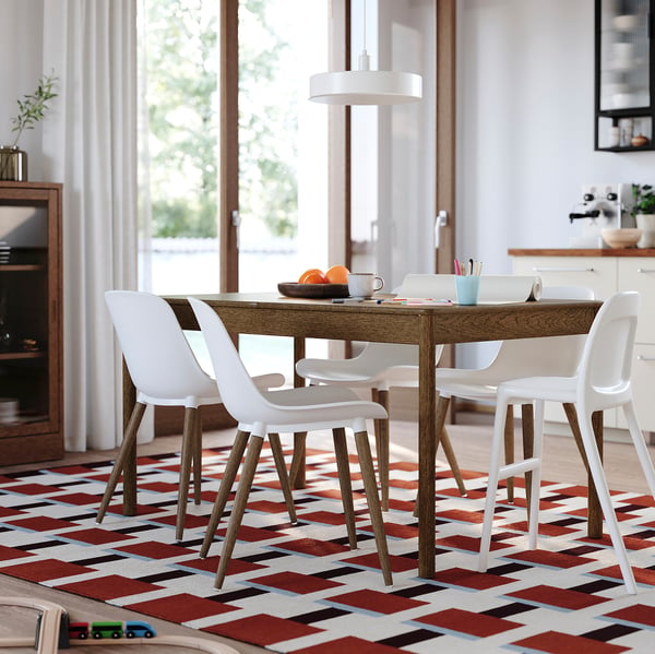 TONSTAD / GRÖNSTA Table and 4 chairs, brown oak veneer/white, 140/196x85 cm