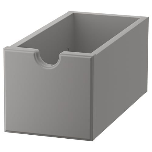 TORNVIKEN grey storage box, made of fibreboard, rectangular shape, open top, modern design.