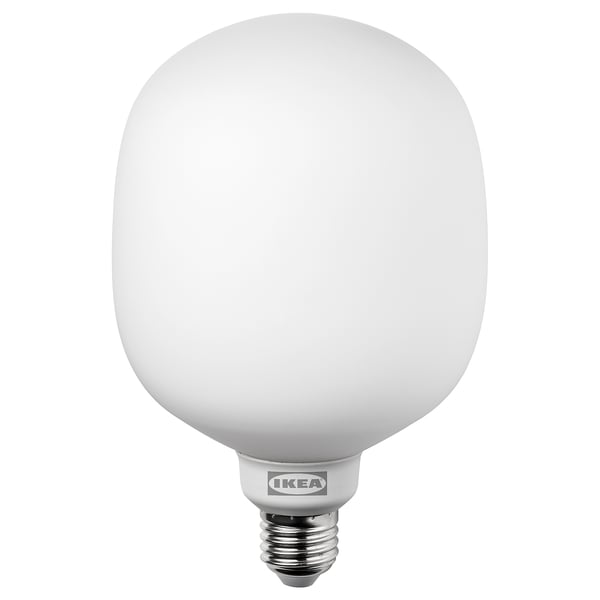 Ikea TRÅDFRI smart light bulb, white, round shape, frosted glass cover.