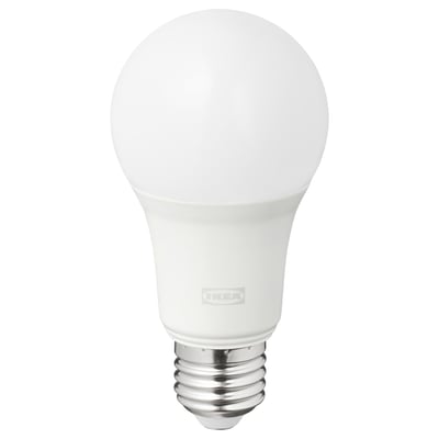An IKEA TRÅDFRI smart light bulb, white in colour, with a classic round shape and e26 base. Made from polycarbonate plastic.