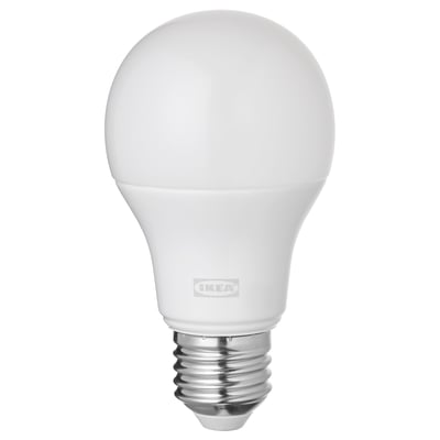 Single white ikea TRÅDFRI bulb, round top, made from polycarbonate plastic, designed for smart home use.
