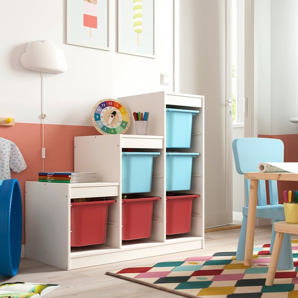 TROFAST storage, white, wood & plastic, rectangular, colourful bins; fits kids space, size: small.