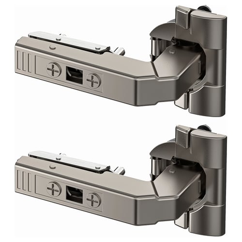 Image shows UTRUSTA nickel-plated steel hinges, adjustable for kitchen cabinets, sleek and modern design.
