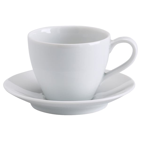 A single white, rounded, porcelain coffee cup and saucer set. Simple and elegant design.
