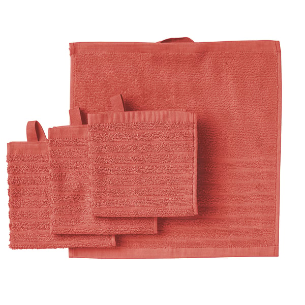 Bright orange VÅGSJÖN towels: medium thick, soft 100% cotton, rectangular with loop hanger, simple textured design.