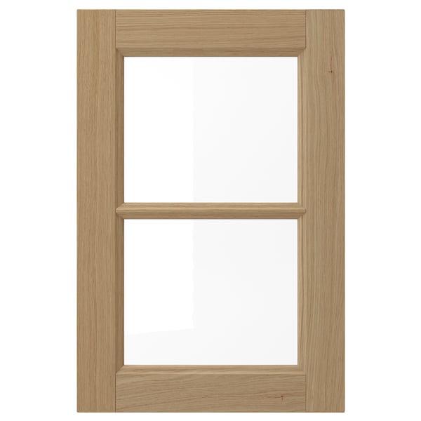 Wooden kitchen cabinet door with glass panel, solid oak frame, lacquered finish