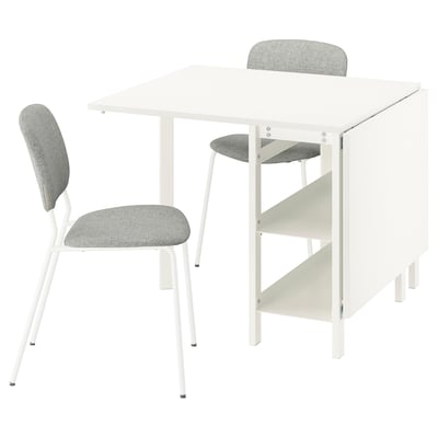 A white VIHALS dining set with a square gateleg table and two light grey chairs.