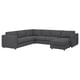 Modern grey sectional sofa, l-shape, dark fabric, wooden legs, versatile design.