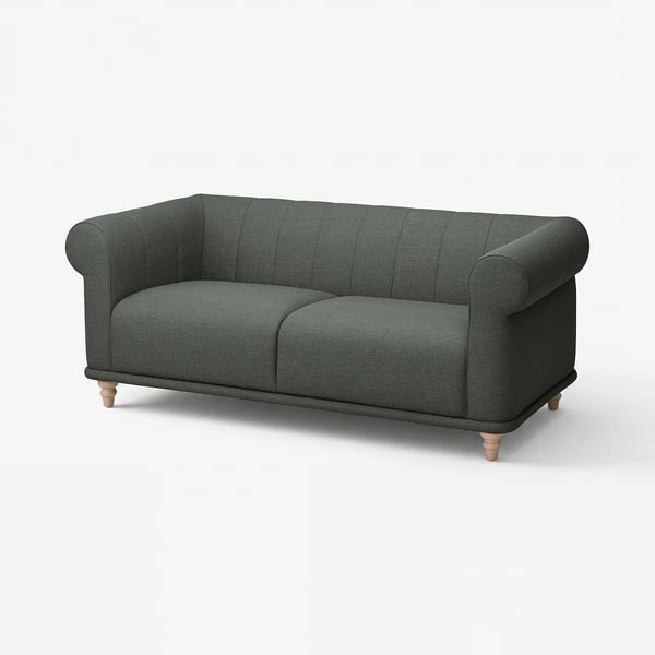 Dark green fabric sofa, rolled arms, wooden legs, classic design.