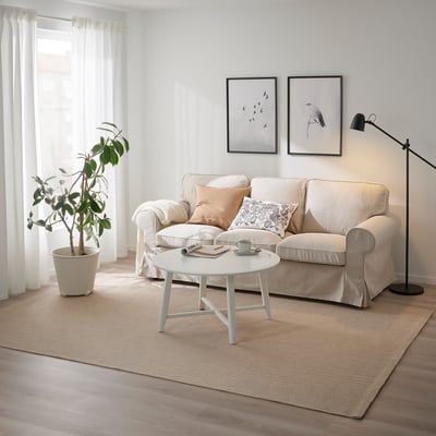 Modern living room with beige rug, sofa, coffee table, lamp, plant, and pictures.
