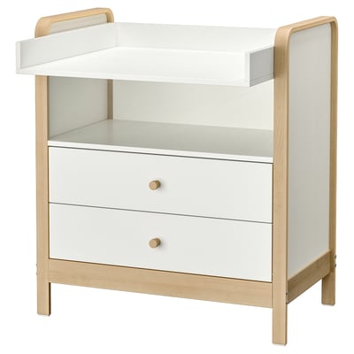 ÄLSKVÄRD white kids changing table with drawers, light wood frame.
