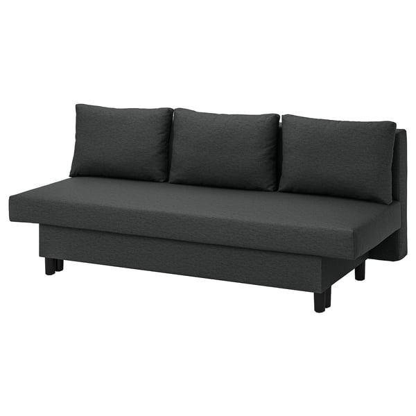 Image shows a sleek black ÄLVDALEN sofa with dark cushions, featuring a modern, modular design suitable for small spaces.