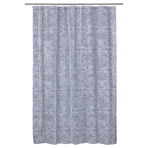 Blue shower curtain with white medallion patterns, rectangular, hanging rod, waterproof peva.