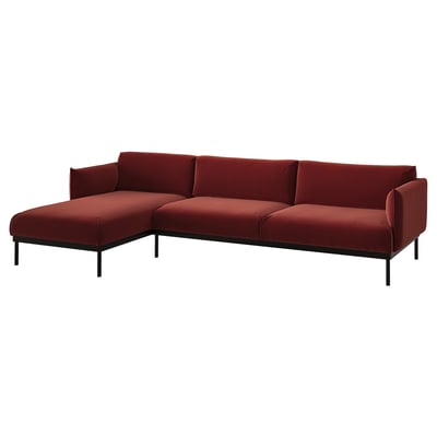 Red l-shaped sofa with metal legs, recycled polyester cover, modern minimalist design.