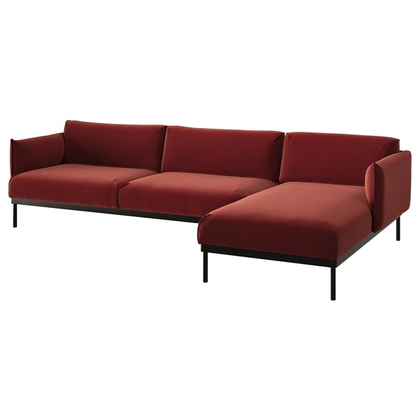 Modern red l-shaped sofa with clean lines and cushioned comfort.