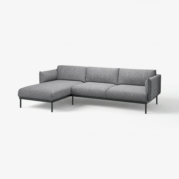 Modern l-shaped grey fabric sofa with metal legs.