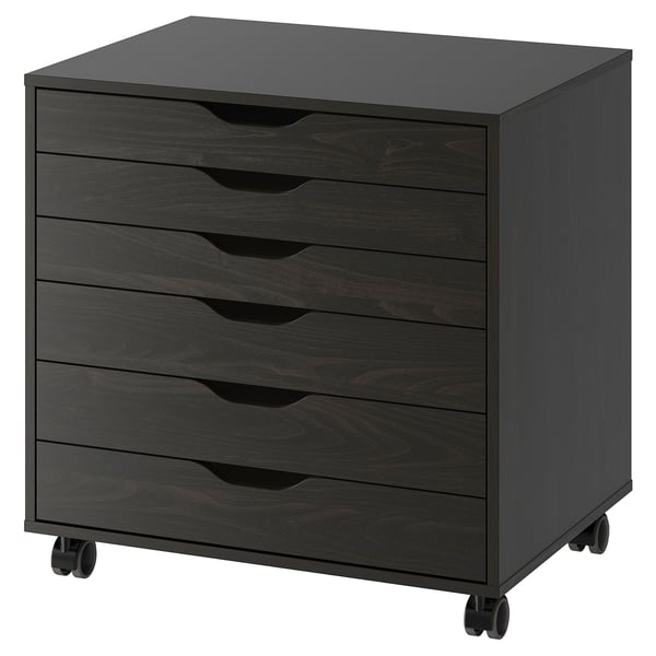 A black ALEX desk cabinet with six drawers on wheels for easy mobility.