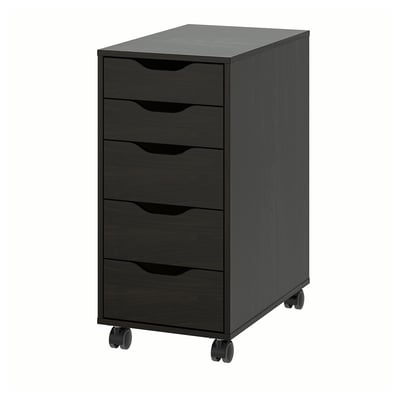 Dark grey wooden filing cabinet with five drawers on wheels. Rectangular, minimalist design, suitable for offices.