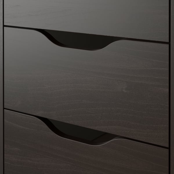 Dark wood drawer unit with three drawers, each featuring sleek cut-out handles. Smooth, high-quality finish and sturdy construction.