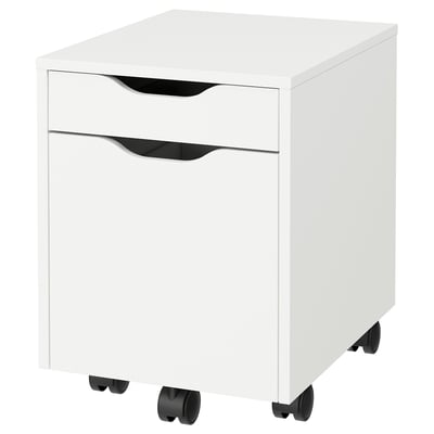 White ALEX filing cabinet with two black handles and casters; sleek, rectangular design for easy movement.