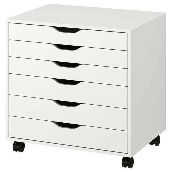 White ALEX storage unit with six drawers, black handles, and wheels. Modern, simple design for versatile use.