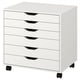 White ALEX storage unit with six drawers, black handles, and wheels. Modern, simple design for versatile use.