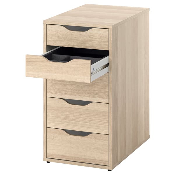 Is of an ALEX wood-finished filing cabinet with three open drawers, showcasing its light colour, rectangular shape, and sleek design.