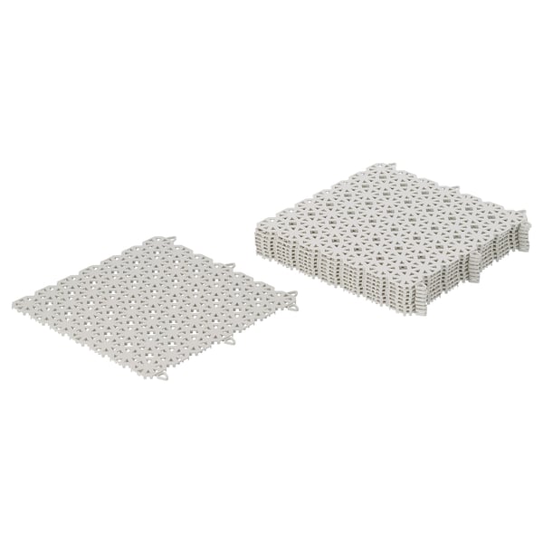 Two white ALTAPPEN floor decking tiles for balconies or terraces, made of durable, recyclable plastic, forming geometric, click-together patterns.
