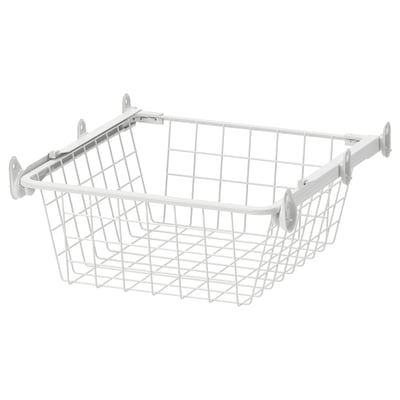 A white wire storage basket, ALTARLIDEN. It has a grid design, supported by four hooks, perfect for organising and allowing air circulation.