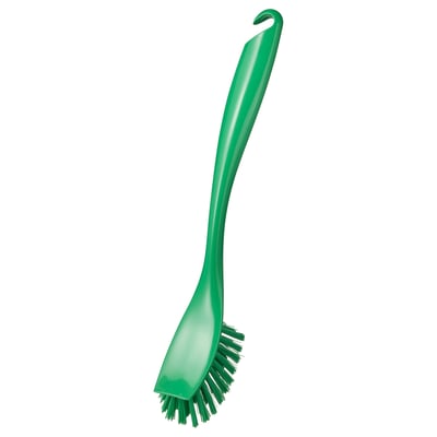 Green ANTAGEN dish brush, curved handle, bristle bristles, hanging hole, plastic.