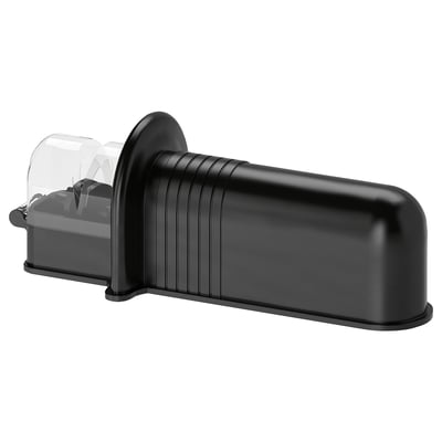 Black ASPEKT sharpener with clear lid, black handle, rectangular base, ribbed design.
