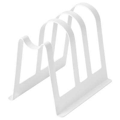 AVSTEG white stand, stores pot lids and chopping boards, modern design.