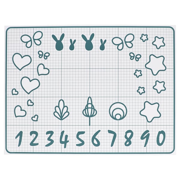 Teal baking mat with hearts, stars, and numbers, designed for cutting cookies and cake decorating.