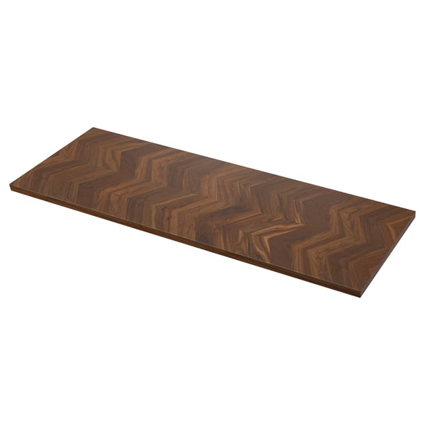 A dark brown, wooden, rectangular worktop with a chevron pattern, crafted from walnut veneer and particle board, designed for kitchen use.