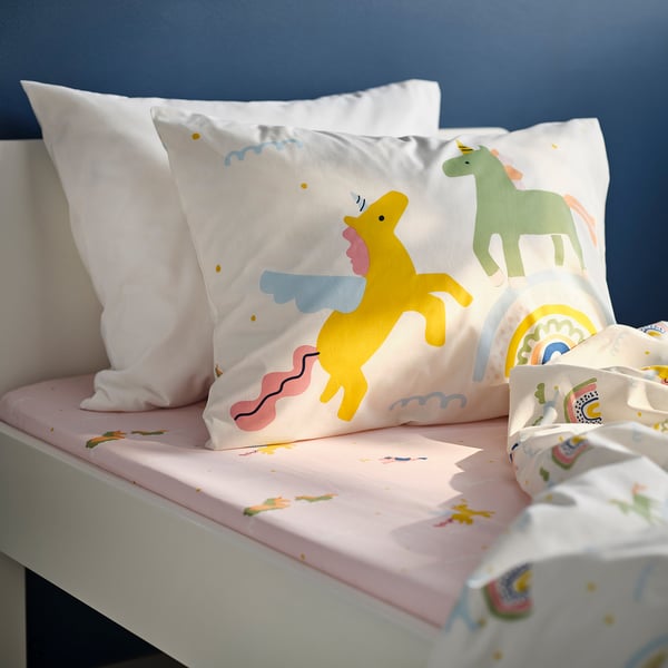 BARNDRÖM Fitted sheet, pink/unicorn pattern, 90x200 cm