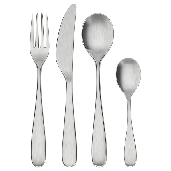 BEHAGFULL silver cutlery set: fork, knife, large and small spoons. Sleek, modern design, stainless steel, elegant and durable.