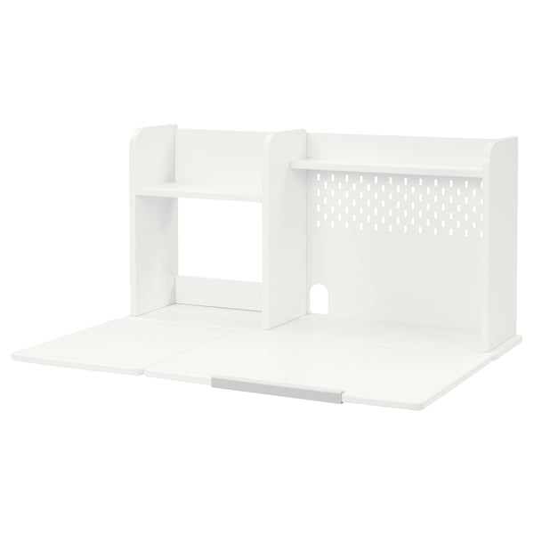 A white BERGLÄRKA desk organiser. It has compartments and a shelf, designed for office use.