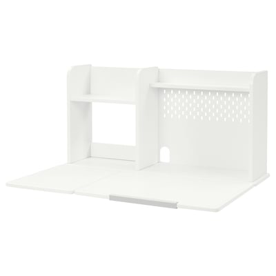 A white BERGLÄRKA desk organiser. It has compartments and a shelf, designed for office use.