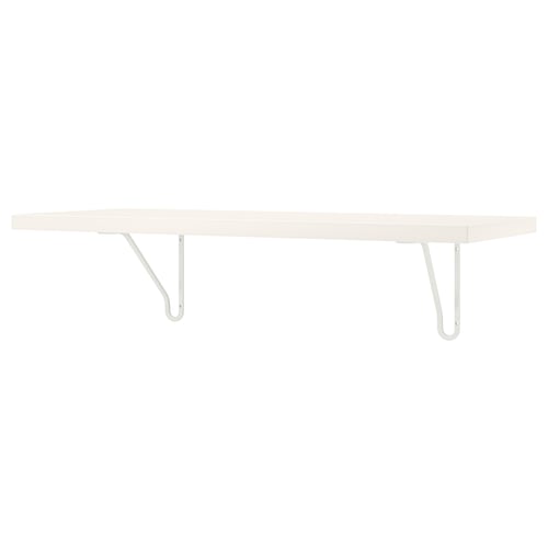A white wall shelf, BERGSHULT, with two metal brackets. Its made of particleboard and metal, rectangular in shape with a sleek, modern design.