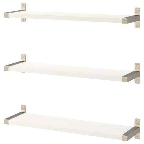 Three white wall shelves with metallic brackets, each featuring a sleek design. Ideal for custom fitting and versatile placement.