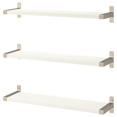 Three white wall shelves with metallic brackets, each featuring a sleek design. Ideal for custom fitting and versatile placement.