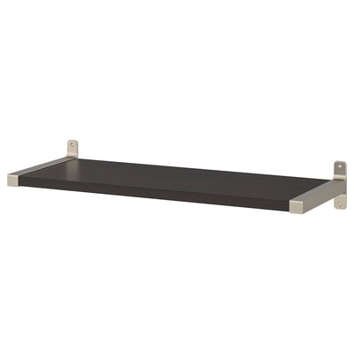 A BERGSHULT wall shelf in black with nickel-plated brackets, rectangular shape, and smooth edges. Its modern and sleek for versatile use.