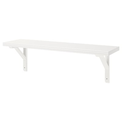 A BERGSHULT wall shelf in white, with a smooth and bevelled edge, supported by wooden brackets.