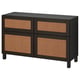 A BESTÅ sideboard in black with woven texture panels. The design four sections, combining storage and display.