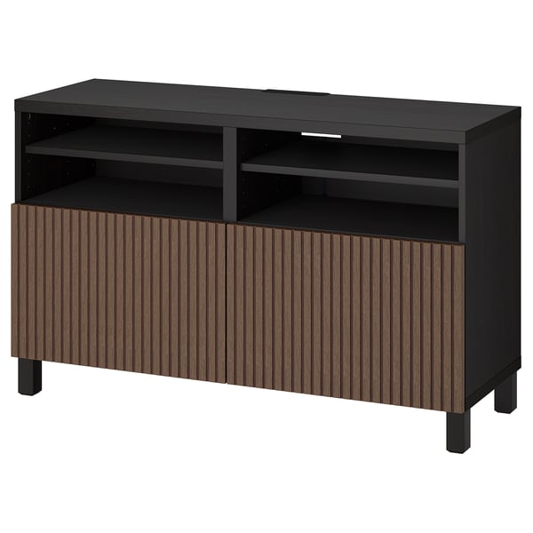 Black wood tv stand BESTÅ with open & closed storage, modern design, adjustable shelves.